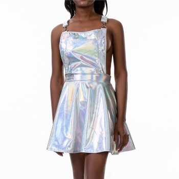 Glitter Laser Holographic A-Line Dress Women Backless Criss Cross Buckle Strap Wet Look 